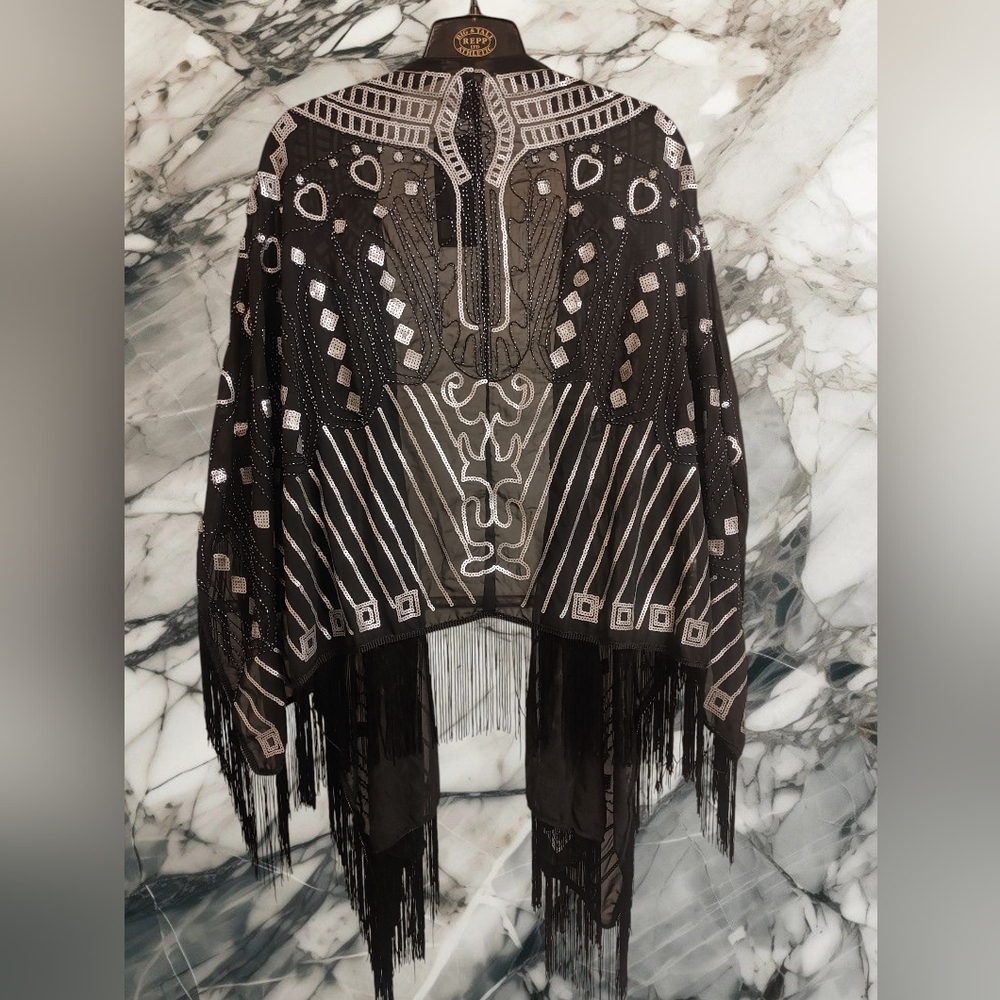 NEW Anna-kaci Shawl Wrap Cape Black With Silver Sequins One Size